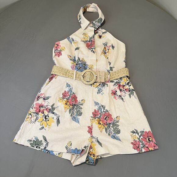 House of Harlow 1960 Size 2 Ivory Floral Linen Blend Halter Romper Woven Belt - Picture 3 of 12